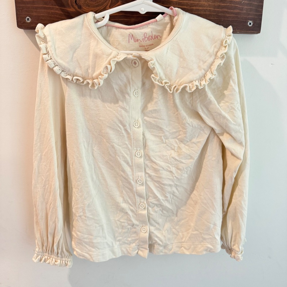 Mini Boden Girls Cream Ruffle Peter Pan Collar Button Up Top Size 5-6Y 116cm